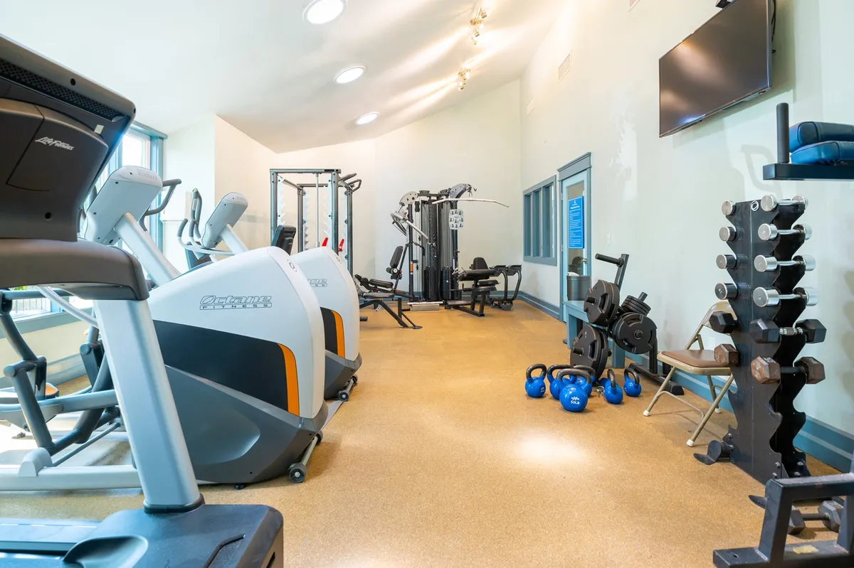 A well-equipped fitness center featuring cardio machines, weightlifting equipment, free weights, and large windows that let in ample natural light. The space is designed for individual or small group workouts.